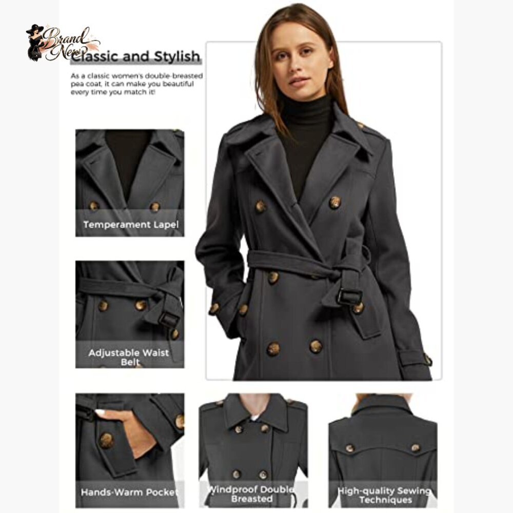 Polyester Double Breasted Pea Coat With Belt Wind… - image 5
